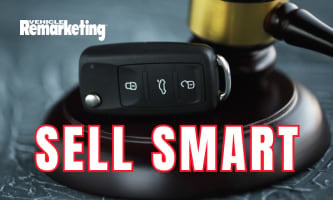 Car key fob resting on an auction gavel with text “Sell Smart,” representing fleet remarketing decisions and how resale value is influenced by what buyers can verify.