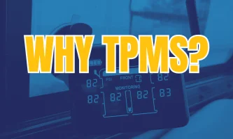 Blue-toned image of a TPMS screen displaying tire pressures with a large yellow headline WHY TPMS?
