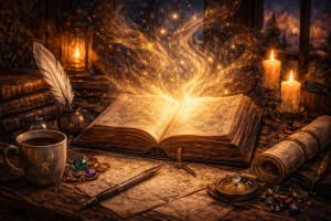 Open glowing book on a wooden table with candles, quill, and maps, with golden light and magical particles rising from its pages in a fantasy-style illustration.