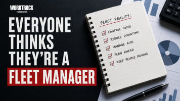 Graphic for a Work Truck feature article titled “Everyone Thinks They’re a Fleet Manager.” The image shows bold white and red typography beside a notebook labeled “Fleet Reality” with checklist items including control costs, reduce downtime, manage risk, and keep people moving, surrounded by charts, a calculator, and office workspace materials.