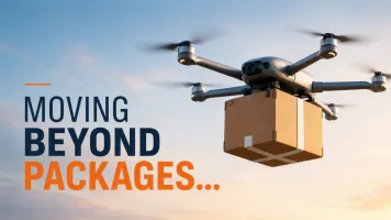 A delivery drone carries a cardboard package through the sky beside the words “Moving Beyond Packages.”