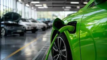 Bright green electric vehicle plugged into a charger inside a service and reconditioning facility, with additional vehicles lined up in the background.