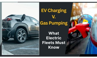 Photo illustration of a gray hatchback EV charging and a gas vehicle filling up.
