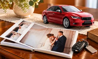 wedding album, car, and car keys
