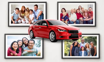 Family framed photos and company car in middle