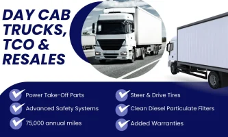 A collage of two photos of day cab trucks above a checklist for maximizing resale values.