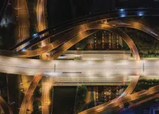 An overhead image of a freeway system with no vehicles