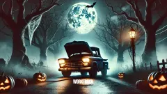 Sppoky broken down old pickup truck on a halloween road