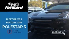 A graphic depicting a Polestar 3 with a logo for the "Fast Forward" series and text reading "Fleet Drive & Feature Dive".