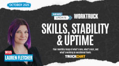 Banner reading “October 2025” and “News Update” with the Work Truck logo. Large headline “Skills, Stability & Uptime.” Portrait of Lauren Fletcher at left and the Truck Chat logo at bottom.