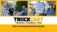 Video thumbnail for Truck Chat Trucks, Tours & Tips. Headline: Work Truck Exchange Kicks Off in Scottsdale, and two inset photos of networking.