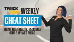 Lauren Fletcher stands in front of a blurred work truck background beside the Truck Chat Weekly Cheat Sheet graphic highlighting small fleet reality and 250K-mile club and what's ahead.