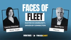 Truck Chat Faces of Fleet graphic with the text “Rooted in Community, Driven by Connection,” featuring photos of Dan Fierro from Flexco and Lauren Fletcher from Work Truck.