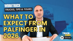 Man talking with hands outstretched in front of a room that is tinted blue, headline What to Expect from Palfinger in 2026, and logos for Work Truck and Truck Chat.