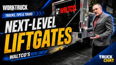 Image standing by a truck and talking about an extended liftgate, logos for Work Truck and Truck Chat, and yellow headline WALTCO's New Liftgates.