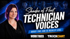 Shades of Fleet Technicians Voices What the Job is Really Like from Truck Chat with Lauren Fletcher blue background with mechanic 