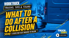 YouTube thumbnail featuring a blue-toned vehicle collision scene between a passenger car and a large commercial van or truck. Bold yellow and white text reads “WHAT TO DO AFTER A COLLISION” with smaller text below stating “4 STEPS FOR FLEET DRIVERS TO FOLLOW.”