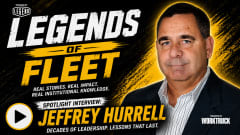Promotional graphic for the Fleet Legends interview series featuring fleet industry veteran Jeffrey Hurrell. The thumbnail shows Hurrell in a dark suit against a black and yellow background with large "Legends of Fleet" branding. Text highlights a spotlight interview focused on decades of leadership, fleet management experience, and industry insights.