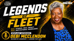 Legends of Fleet thumbnail with portrait of Debi McClendon. Text reads “Spotlight Interview: Debi McClendon, retired fleet manager.” Presented by Work Truck, sponsored by Legend.