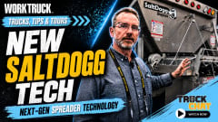 Promotional graphic for Work Truck’s “Trucks, Tips & Tours” featuring SaltDogg next-generation spreader technology. A presenter stands beside industrial salt spreading equipment with bold “New SaltDogg Tech” text and a Truck Chat “Watch Now” callout.