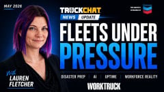 Podcast-style thumbnail featuring Lauren Fletcher with bold text reading “Fleets Under Pressure” alongside themes including disaster preparedness, AI, uptime, and workforce reality on a dark blue modern news-style background.