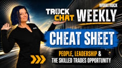 Lauren Fletcher stands beside a bold Truck Chat Weekly Cheat Sheet graphic featuring a commercial truck background and the headline "People, Leadership & the Skilled Trades Opportunity," highlighting workforce, leadership, and fleet industry news.