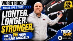 Promotional graphic for a Work Truck “Trucks, Tips & Tours” video featuring an IMT representative and several crane models, highlighting “Lighter. Longer. Stronger.” and IMT’s 16 new crane models with boom lengths up to 32 feet.