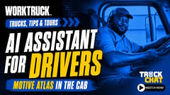 Work Truck Trucks, Tips & Tours YouTube thumbnail promoting Motive Atlas as an AI assistant for drivers, featuring a smiling truck driver wearing a headset in the cab with the headline, “AI Assistant for Drivers,” and a Truck Chat “Watch Now” button.