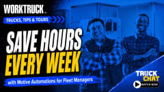 Work Truck Trucks, Tips & Tours YouTube thumbnail promoting Motive Automations, featuring two smiling fleet managers with trucks in the background and the headline, “Save Hours Every Week,” plus a Truck Chat “Watch Now” button.