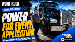 Work Truck Trucks, Tips & Tours YouTube thumbnail featuring a presenter beside a Kenworth T880 vocational truck with the headline, “Power for Every Application,” plus the subhead, “Kenworth T880: Configured Your Way,” and a Truck Chat Watch Now button.