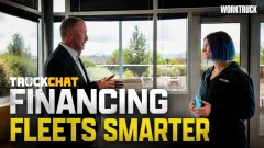 Video thumbnail showing Alex Coveney and Lauren Fletcher discussing fleet strategy beside the words “Financing Fleets Smarter,” with TruckChat and Work Truck branding.