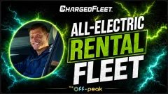 Charged Fleet Off-Peak thumbnail featuring a smiling man seated in a vehicle, surrounded by green and blue lightning, with the text “All-Electric Rental Fleet.”