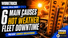 Work Truck Trucks, Tips & Tours YouTube thumbnail about six main causes of hot-weather fleet downtime, featuring a large thermometer, blazing sun, and engine components, with a Truck Chat “Watch Now” button.