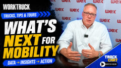 Work Truck Trucks, Tips & Tours thumbnail featuring a man speaking in front of WEX logos, with the headline “What’s Next for Mobility” and tagline “Data → Insights → Action.”