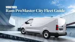 White Ram ProMaster City cargo van parked outside a modern building beneath the text “Ram ProMaster City Fleet Guide” and “Staying Informed About the Latest Updates.”