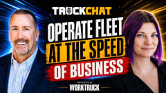 Truck Chat promotional graphic featuring two hosts and the headline “Operate Fleet at the Speed of Business,” presented by Work Truck.