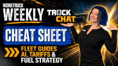 Lauren Fletcher appears in a Work Truck Weekly Truck Chat Cheat Sheet thumbnail with bold blue, black, white, and orange graphics. Text highlights fleet guides, AI, tariffs, and fuel strategy, with a semi-truck in the background.