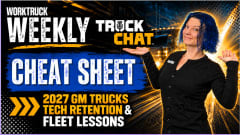 Work Truck Weekly Truck Chat Cheat Sheet thumbnail featuring Lauren Fletcher beside bold text reading “2027 GM Trucks, Tech Retention & Fleet Lessons,” with a semi-truck in the background.