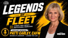 Patti Earley, CAFM, appears beside the “Legends of Fleet” title on a black and gold interview thumbnail. LEGEND and Work Truck logos are also shown.