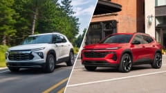 Split-image collage showing a white 2027 Chevrolet Trailblazer driving along a tree-lined road on the left and a red 2027 Chevrolet Trax RS parked on a city street on the right, both viewed from the front three-quarter angle.