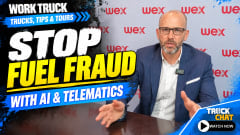 Work Truck Trucks, Tips & Tours YouTube thumbnail featuring a WEX representative discussing fuel fraud prevention, with the headline “Stop Fuel Fraud With AI & Telematics,” WEX backdrop, and Truck Chat Watch Now button.