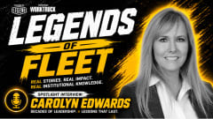 Black-and-white portrait of Carolyn Edwards on a Legends of Fleet video thumbnail, presented by Work Truck and sponsored by Legend.