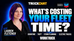 Truck Chat thumbnail featuring Lauren Fletcher beside the headline “What’s Costing Your Fleet Time?” Topics include downtime, theft, storm planning, and electric trucks. Sponsored by Chevron.