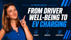 An AF news recap thumbnail with a woman pointing at the title "From driver well-being to EV charging" 