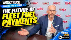 Work Truck Trucks, Tips & Tours YouTube thumbnail featuring a WEX representative discussing the future of fleet fuel payments, with a WEX-branded backdrop, bold yellow and white headline, and Truck Chat Watch Now button.