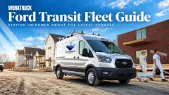 Ford Transit Cargo Van at a construction site with Ford Transit Fleet Guide title text.