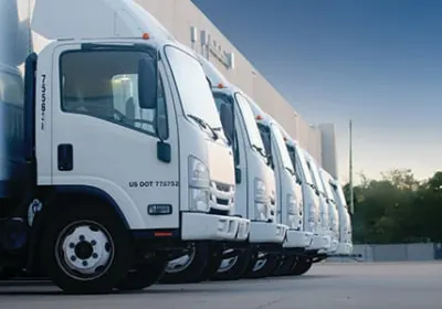 A line-up of white medium-duty trucks