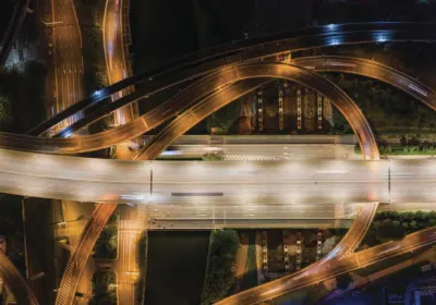 An overhead image of a freeway system with no vehicles
