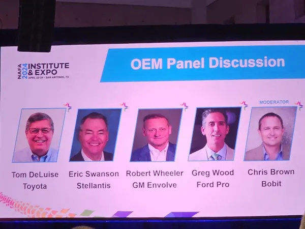 Photo of slide showing the four panelists and moderator for the NAFA 2024 OEM Panel.