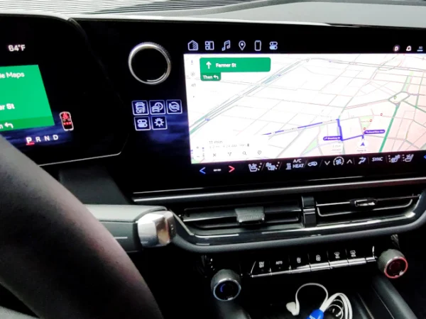 View of large infotainment screen showing a map